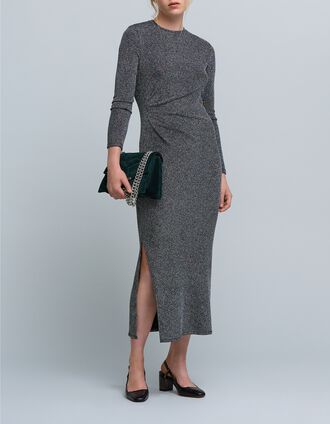 Robe longue argentée maille lurex côtelée