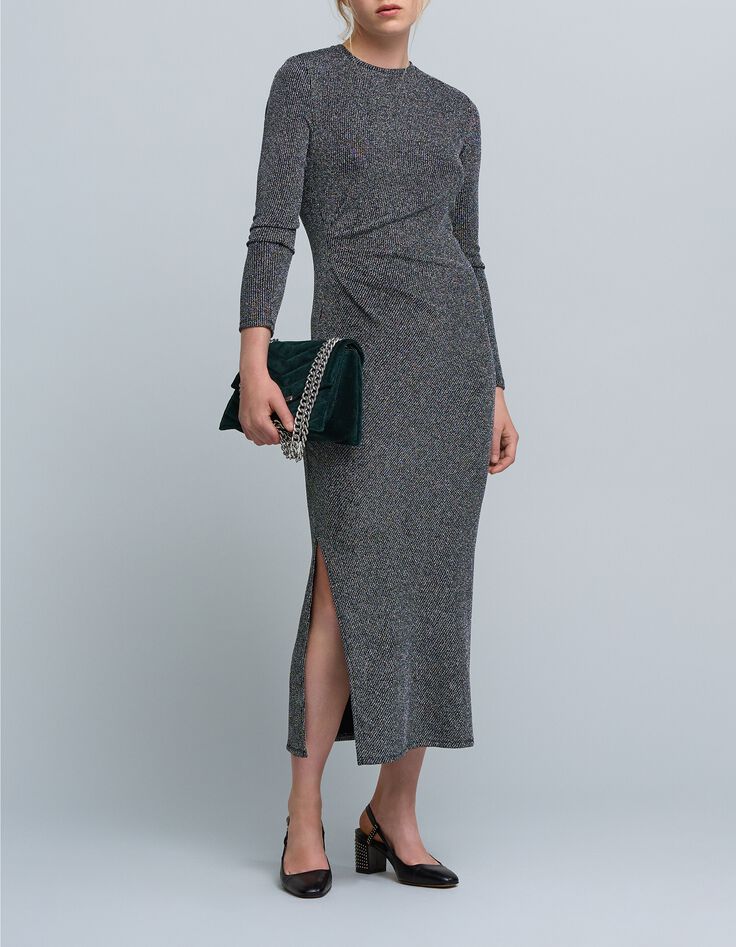 Maxivestido plateado de malla de lúrex acanalado-1