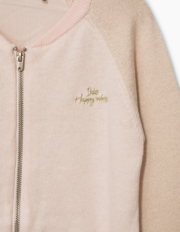 Cardigan rose poudré bi matière et pailleté fille-2