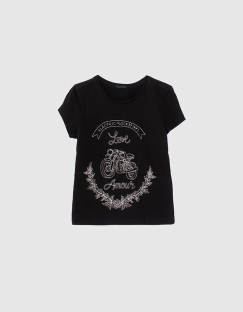 Zwart T-shirt geborduurd motor en bloemen meisjes