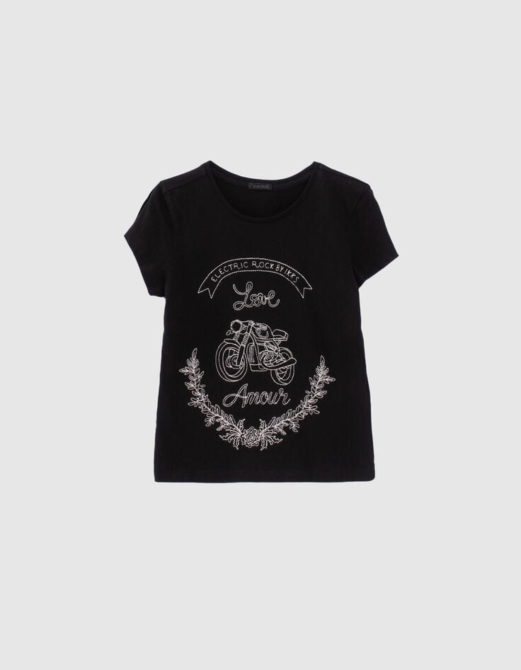 M&auml;dchen-T-Shirt mit Motorrad- und Blumenstickerei-1