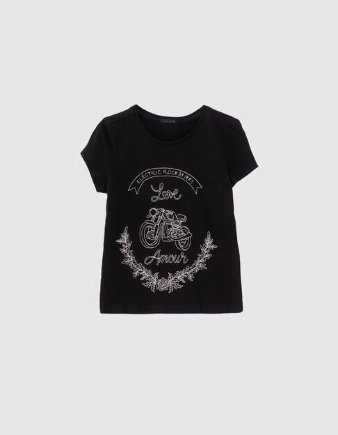Camiseta negra moto y flores niña