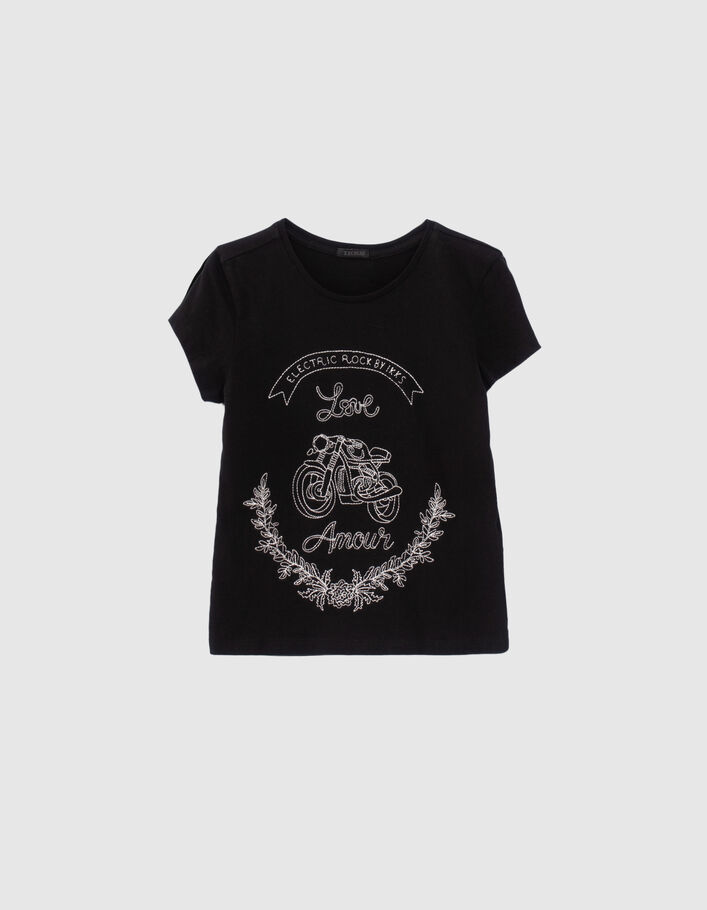Girls’ black motorbike and flower embroidered T-shirt - IKKS