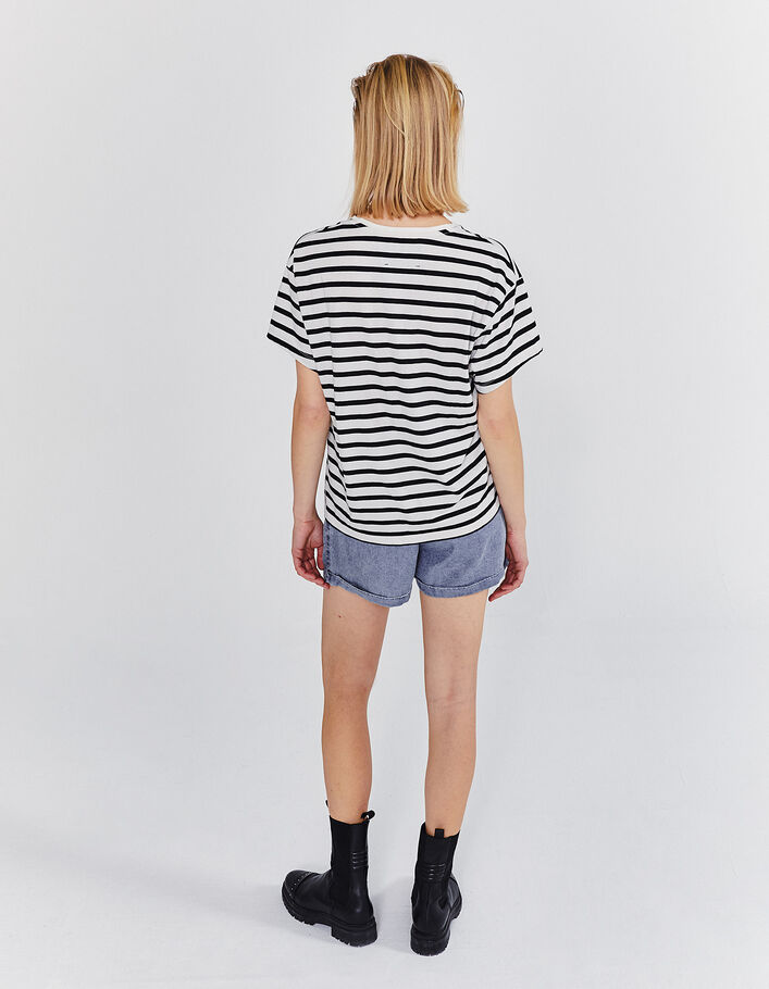 Women’s ecru sailor stripe T-shirt, black stripes & badges-4
