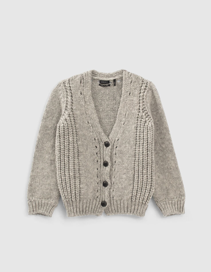 Girls’ grey knit cardigan with ribbing and openwork-1