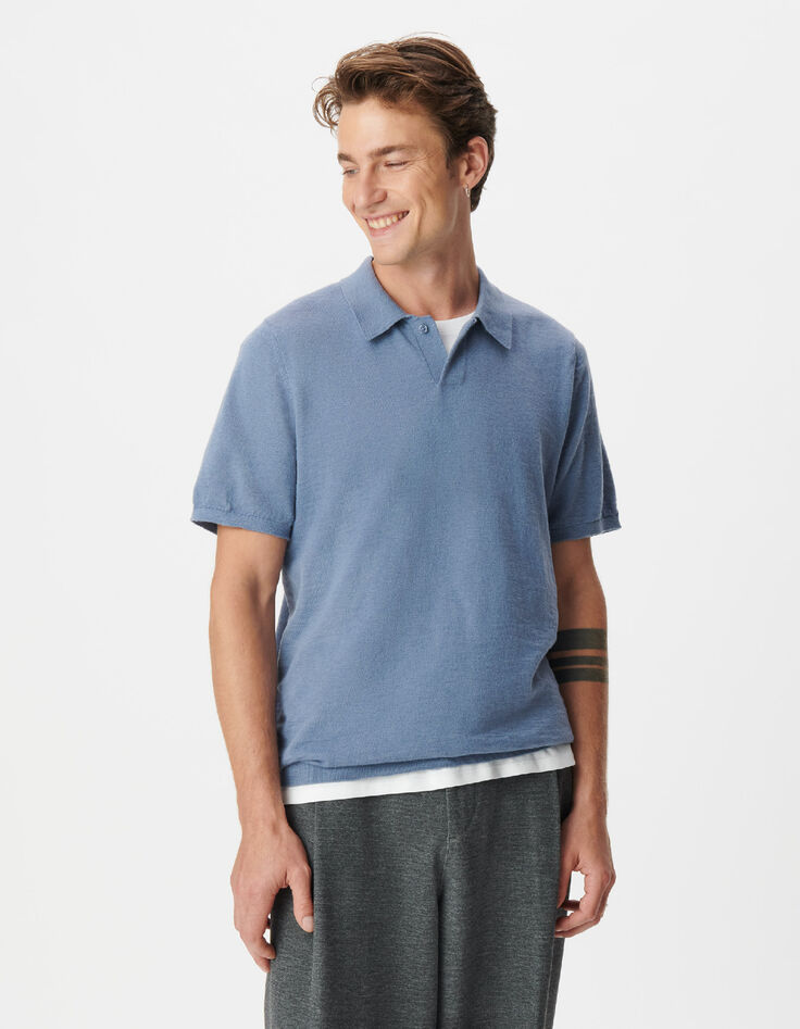 Blaues geflammtes Baumwoll-Poloshirt mit kurzen &Auml;rmeln-3