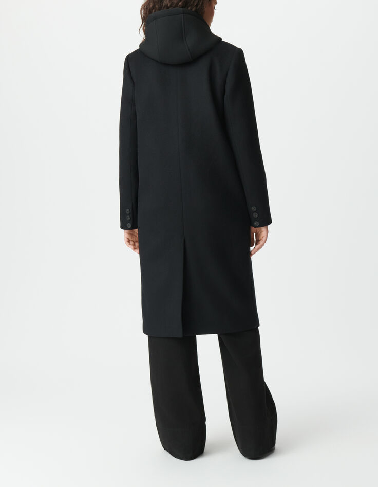 Manteau long noir parementure &agrave; capuche amovible Femme-3