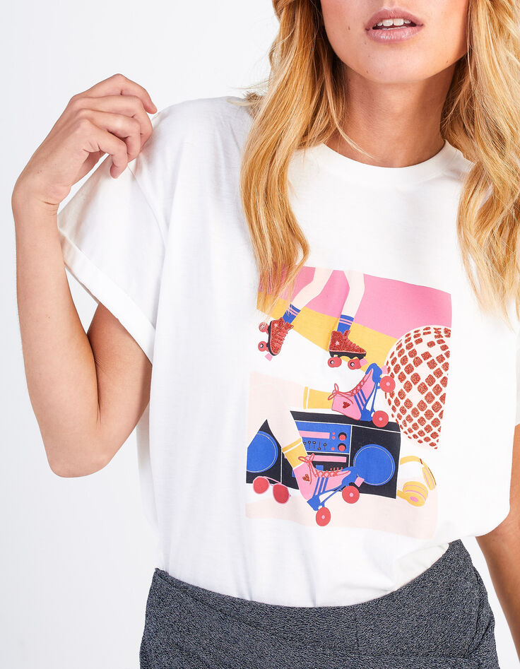 Weißes T-Shirt aus Bio-Baumwolle, Rollschuh-Motiv I.Code -3