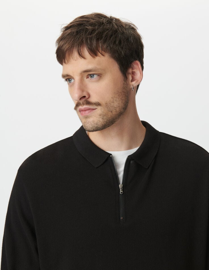 Schwarzes Herrenpoloshirt lange Ärmel Piqué-Strick-3 Schwarzes Herrenpoloshirt lange Ärmel Piqué-Strick-3