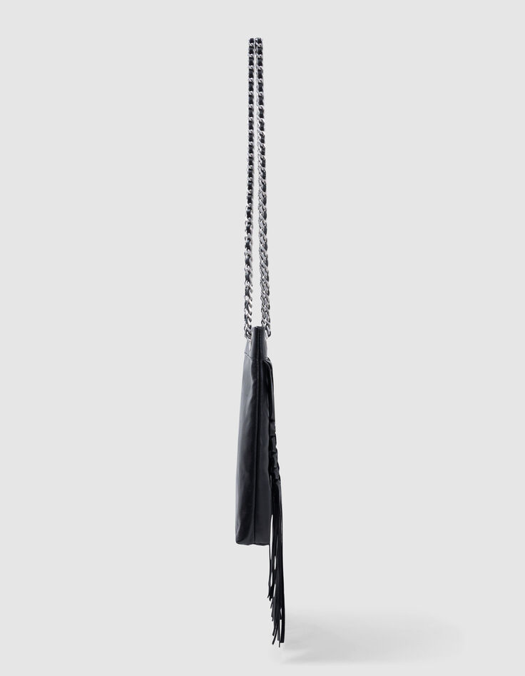 Phone bag noir cuir façon macramé frangé-3