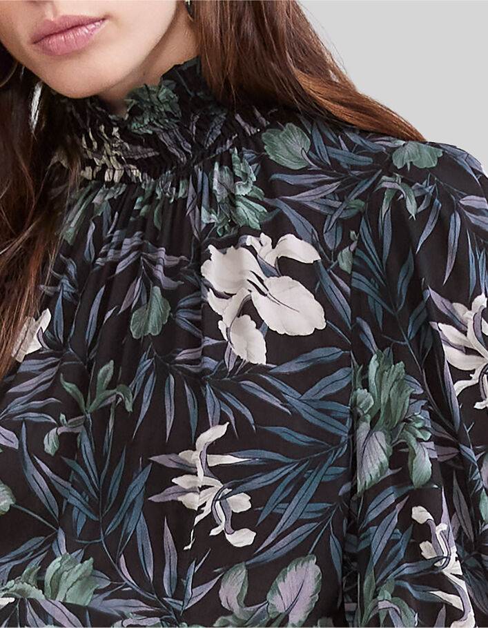 Schwarzes Midi-Damenkleid mit Orchideenprint - IKKS