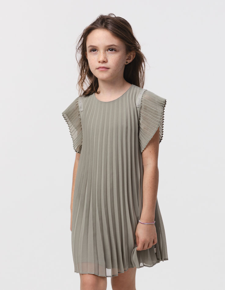 Robe kaki plissée décor clous fille-1