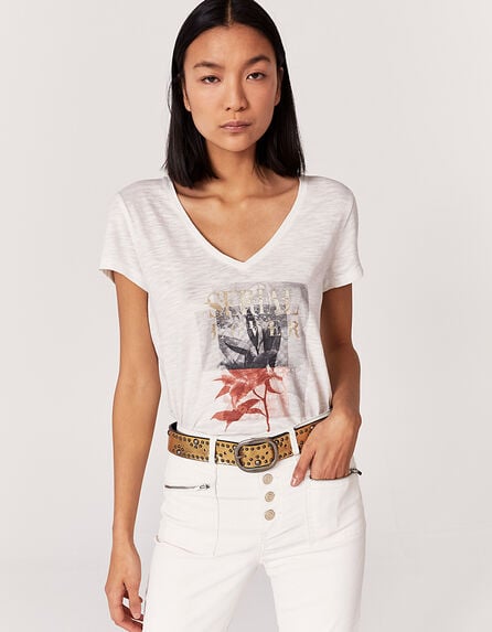 Women’s off-white T-shirt with gold glitter slogan