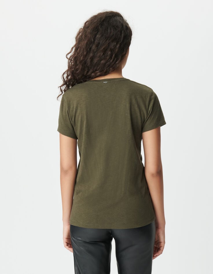 Tee-shirt kaki coton bio chevrons perles brodées Femme-3