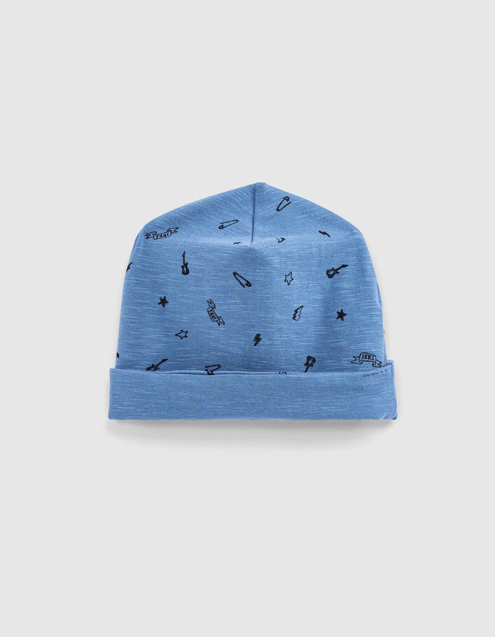 Baby’s blue+rock print organic cotton reversible beanie - IKKS