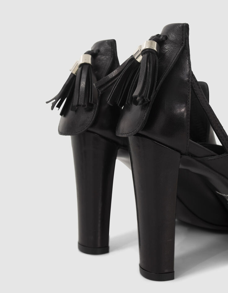 Sandales à talon en cuir noir décor pompons Femme-4