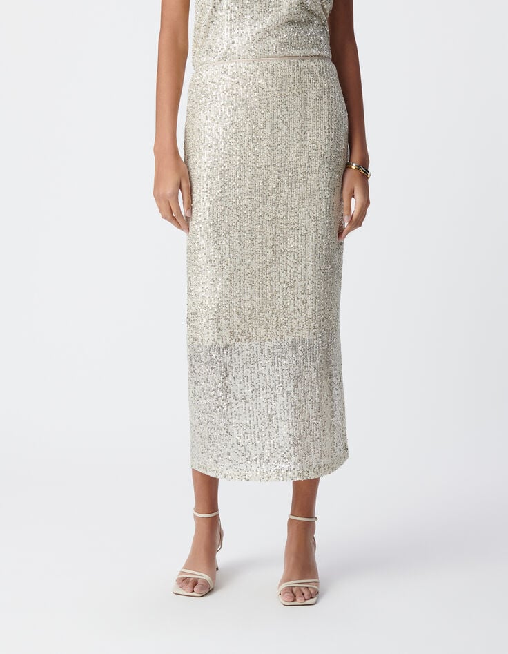 Jupe midi argent&eacute;e brod&eacute;e sequins Femme-2