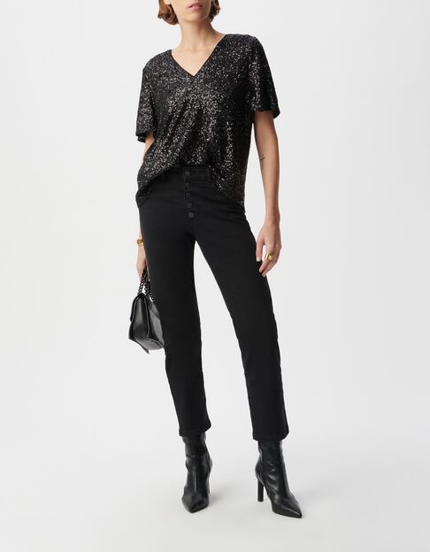 Top noir broderies sequins manche trompette Femme - IKKS