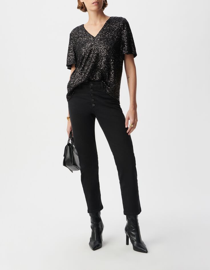 Top noir broderies sequins manche trompette Femme-1