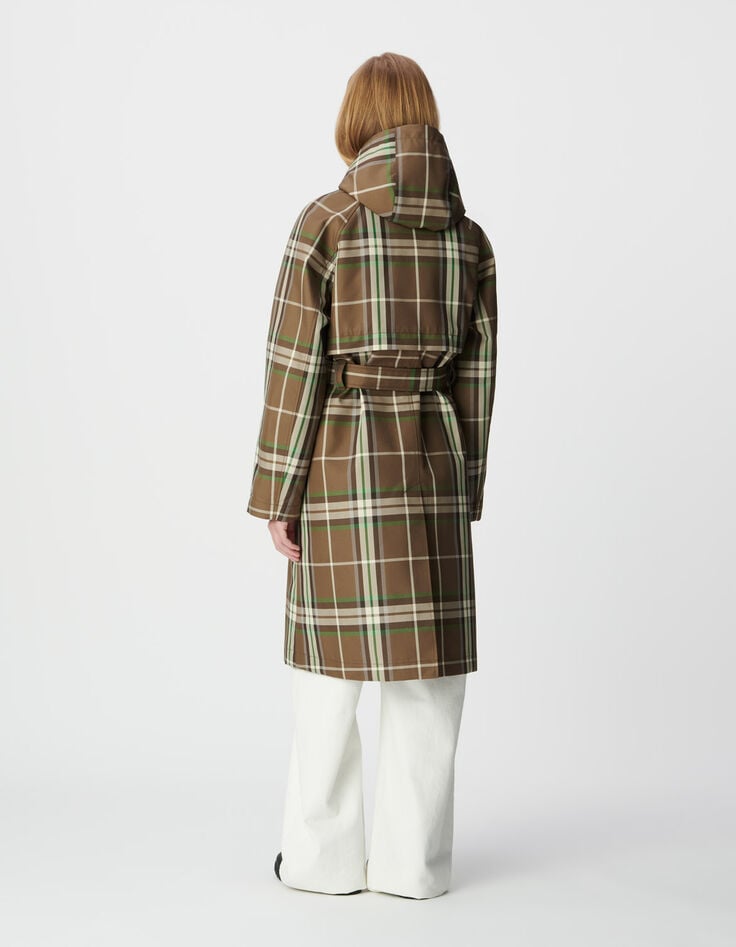 Trench long kaki motif carreaux capuche amovible Femme-3 Trench long kaki motif carreaux capuche amovible Femme-3