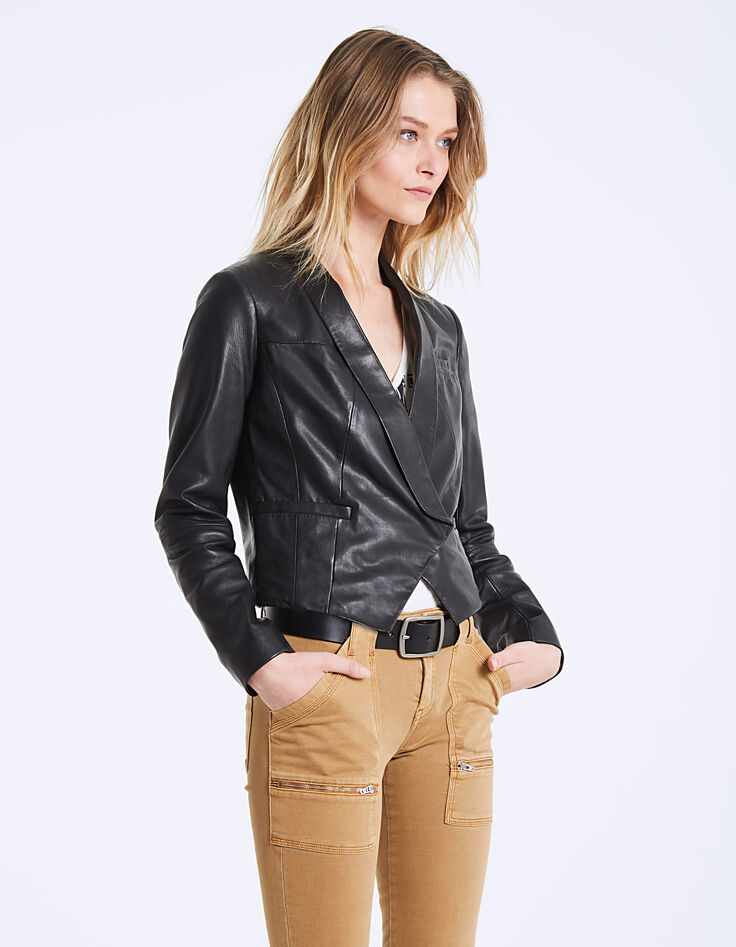 Chaqueta de cuero de cordero cuello chal mujer-2