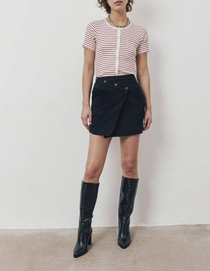 Jupe courte noire effet croisé boutons militaires femme-2