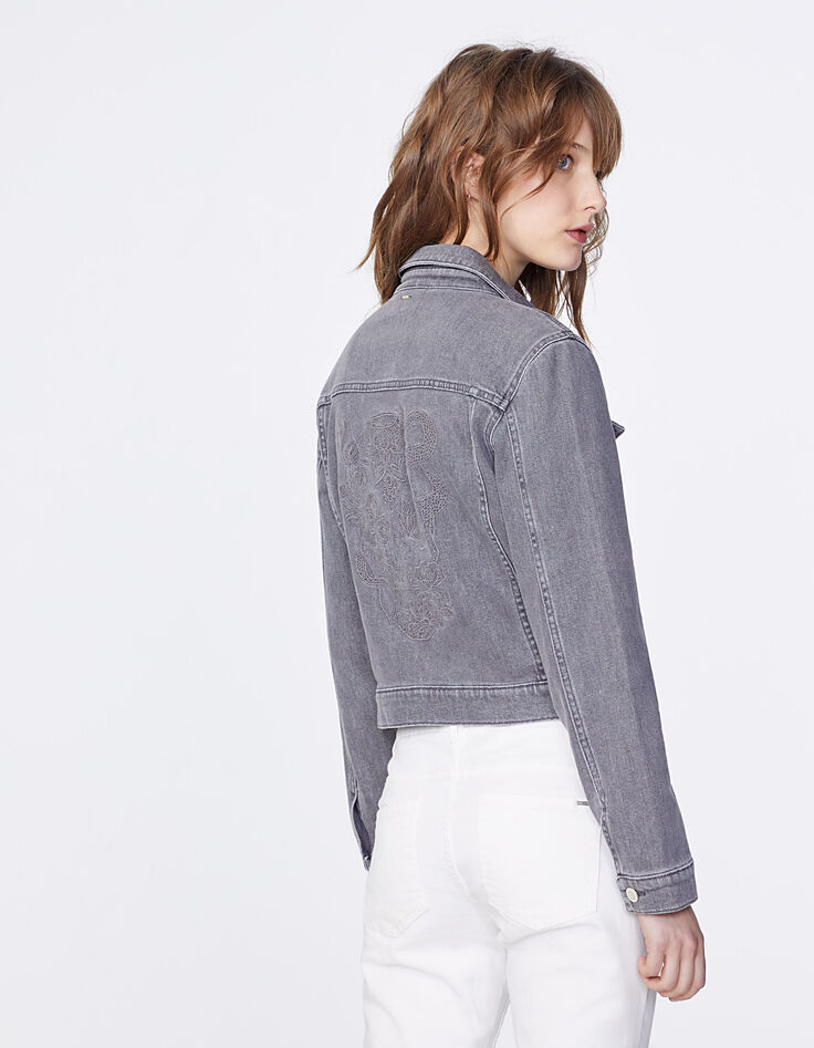 Veste courte en jean gris broderie dos femme-2