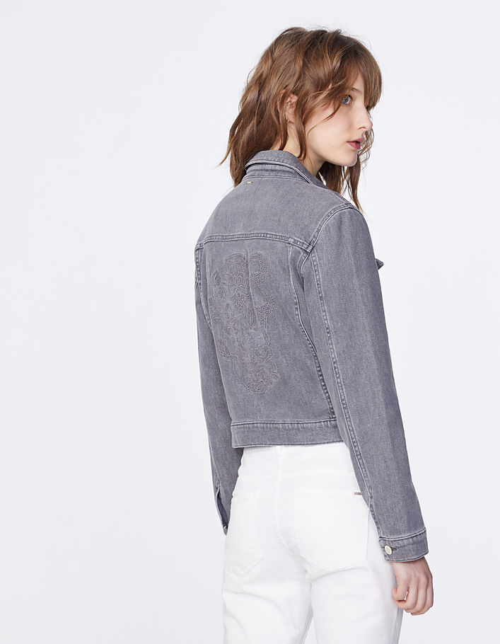 Women’s grey denim short jacket embroidered on back - IKKS