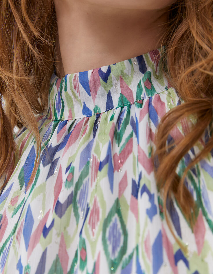 Women’s ecru ikat diamond print top with tie on back-2