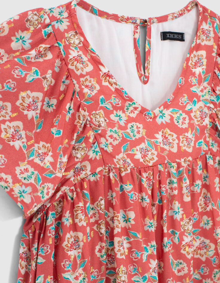 Vestido coral con estampado floral mangas volantes niña-6