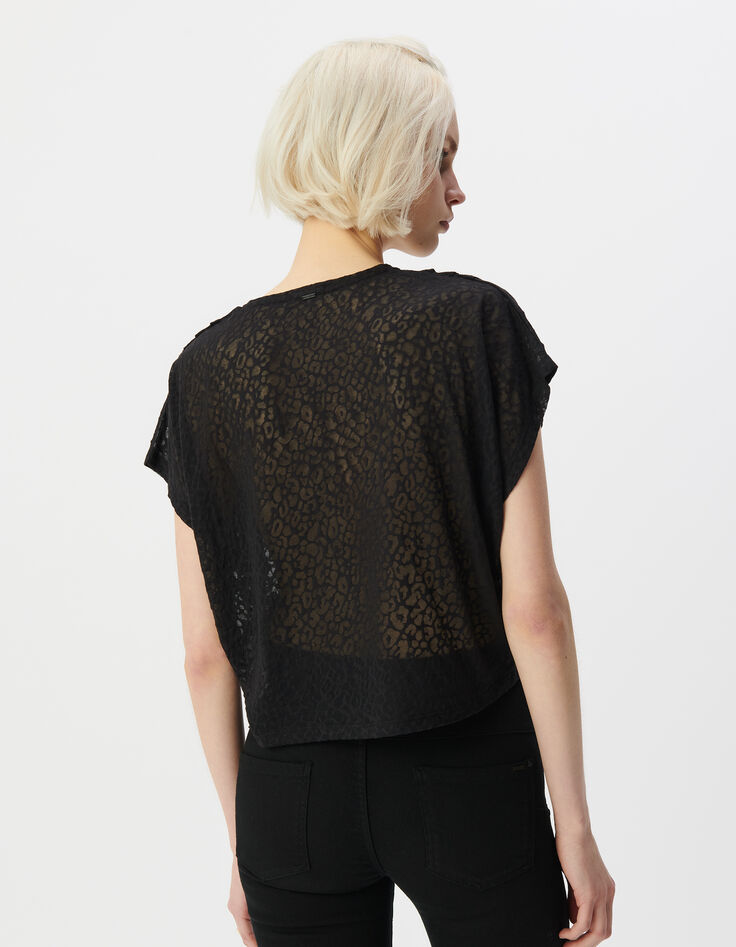 Schwarzes Damen-T-Shirt, V-Schnitt, transparentes Leomotiv-3