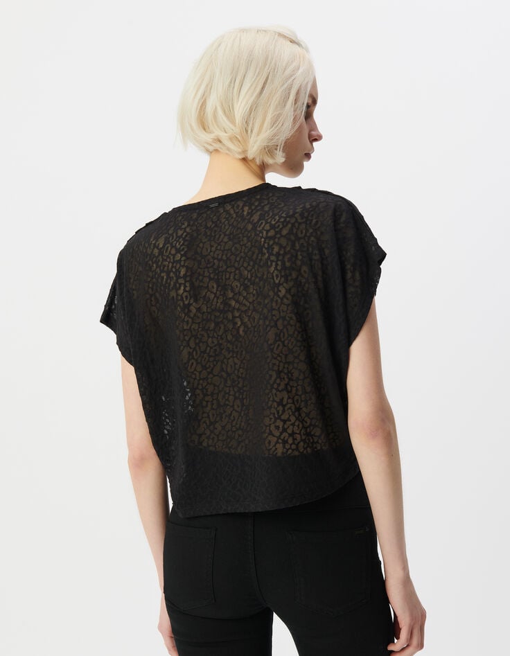Schwarzes Damen-T-Shirt, V-Schnitt, transparentes Leomotiv-3 Schwarzes Damen-T-Shirt, V-Schnitt, transparentes Leomotiv-3