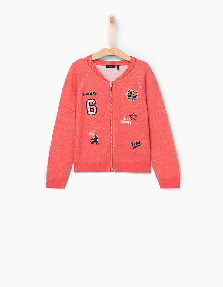 Cardigan orange fonc&eacute; brod&eacute; fille-1