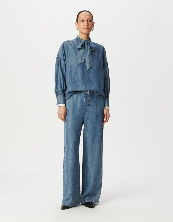 Jogpant large bleu taille élastiquée Femme-1 Jogpant large bleu taille élastiquée Femme-1