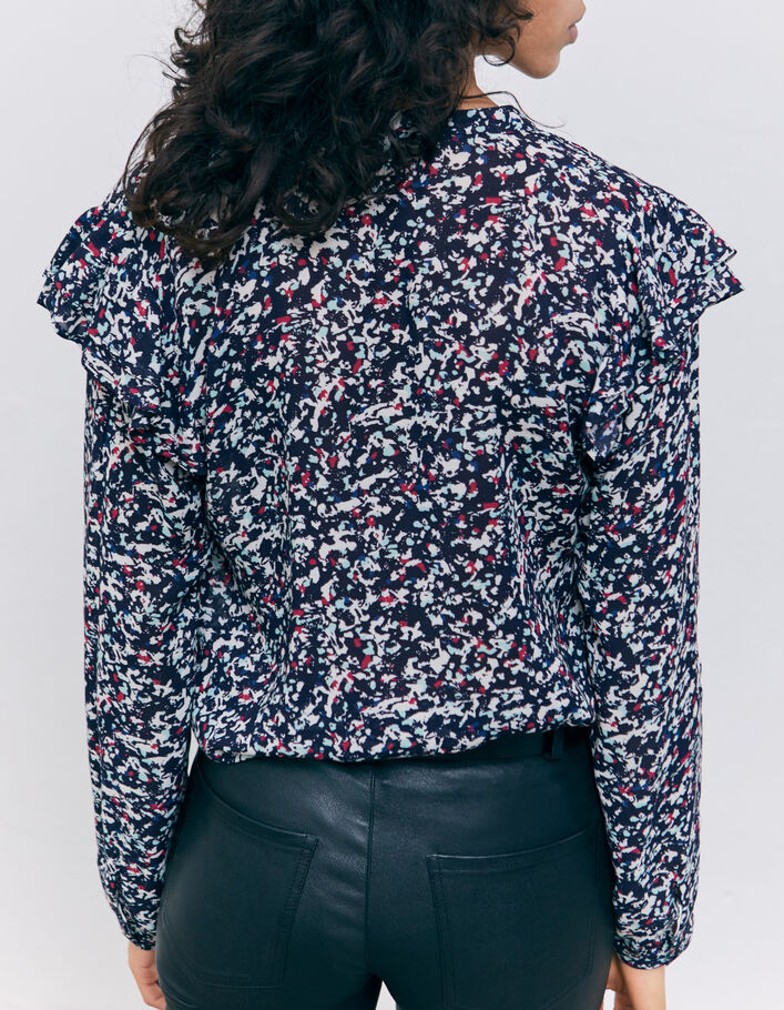 Women’s navy tachist print blouse with ruffled shoulders - IKKS