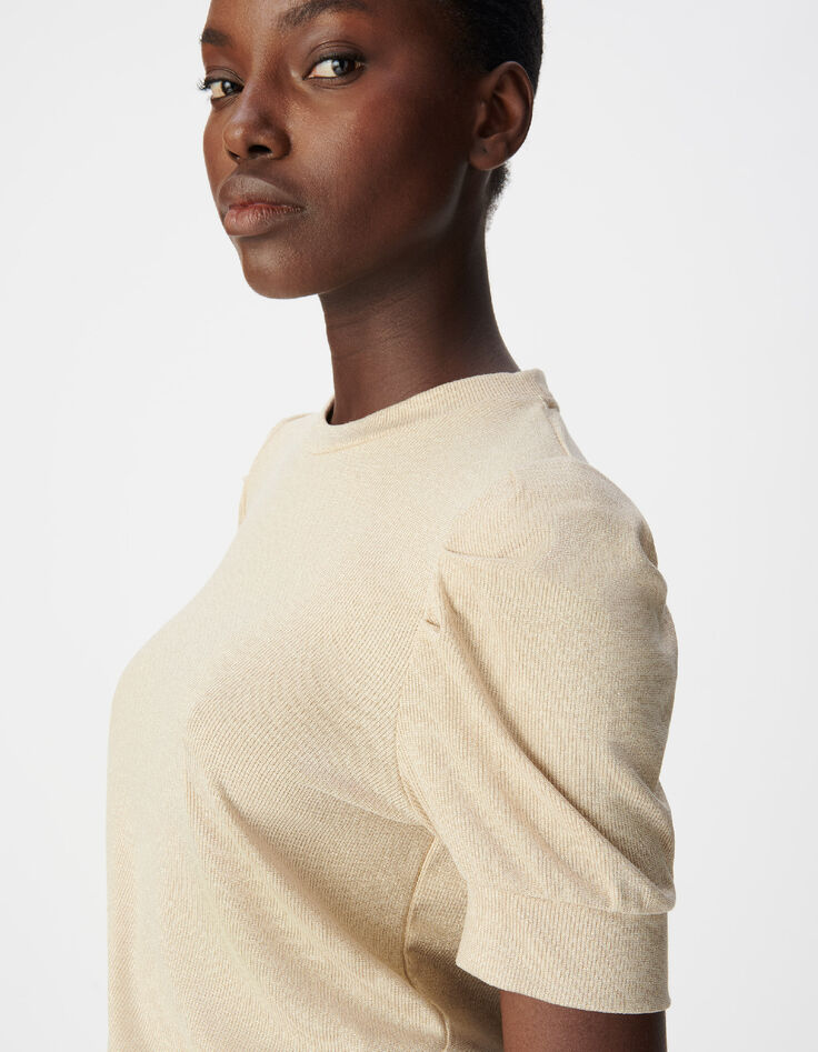 Tee-shirt col rond dor&eacute; paillet&eacute; manches fronc&eacute;es Femme-4