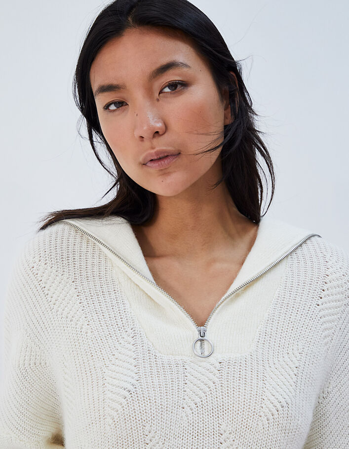 Women’s off-white fluffy wool zip-neck sweater - IKKS