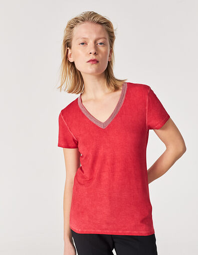 Women’s red V-neck T-shirt with chains - IKKS