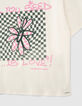 T-shirt &eacute;cru coton bio visuel fleur et damier fille-4