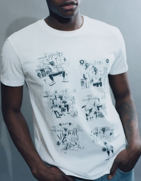Men's white organic t-shirt with Hip-Hop cartoon image - IKKS