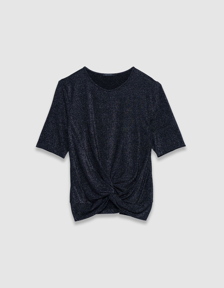 Camiseta negra de lentejuelas con efecto drapeado y lazo Mujer-6