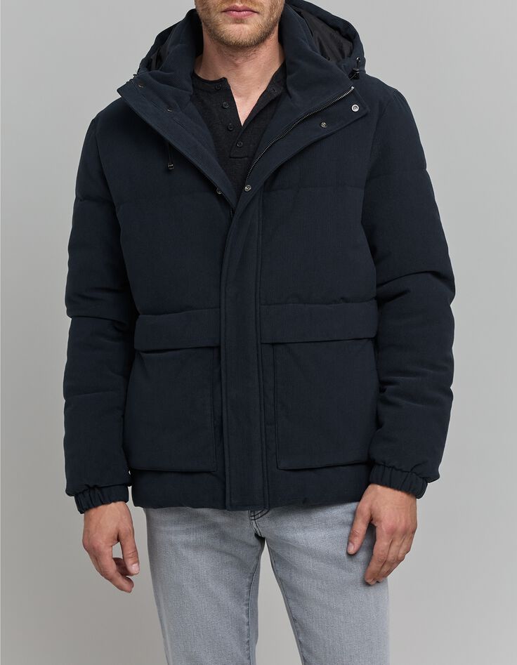 Chaqueta acolchada con relieve de terciopelo azul marino para hombre-1