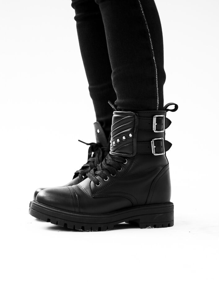 Girls’ black Leather story studded leather combat boots - IKKS