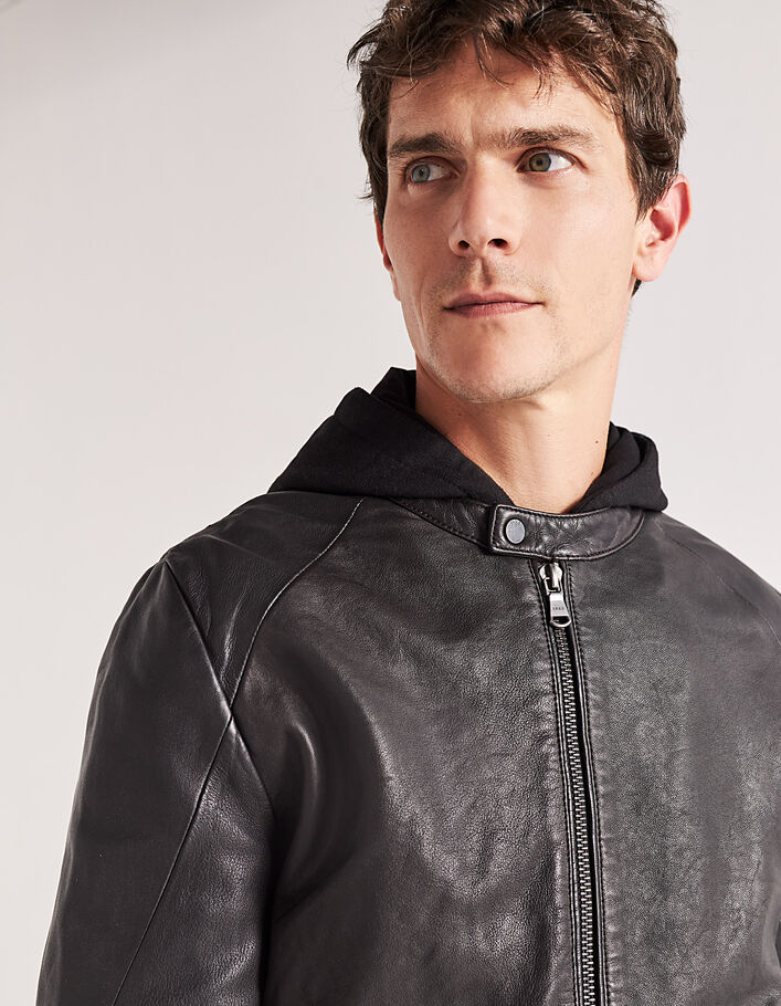 Men’s dark brown leather jacket with detachable facing - IKKS
