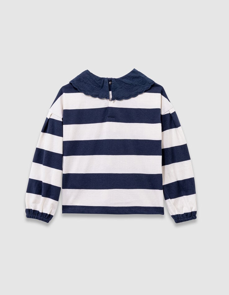 T-shirt marinière marine rayé écru col brodé fille-5