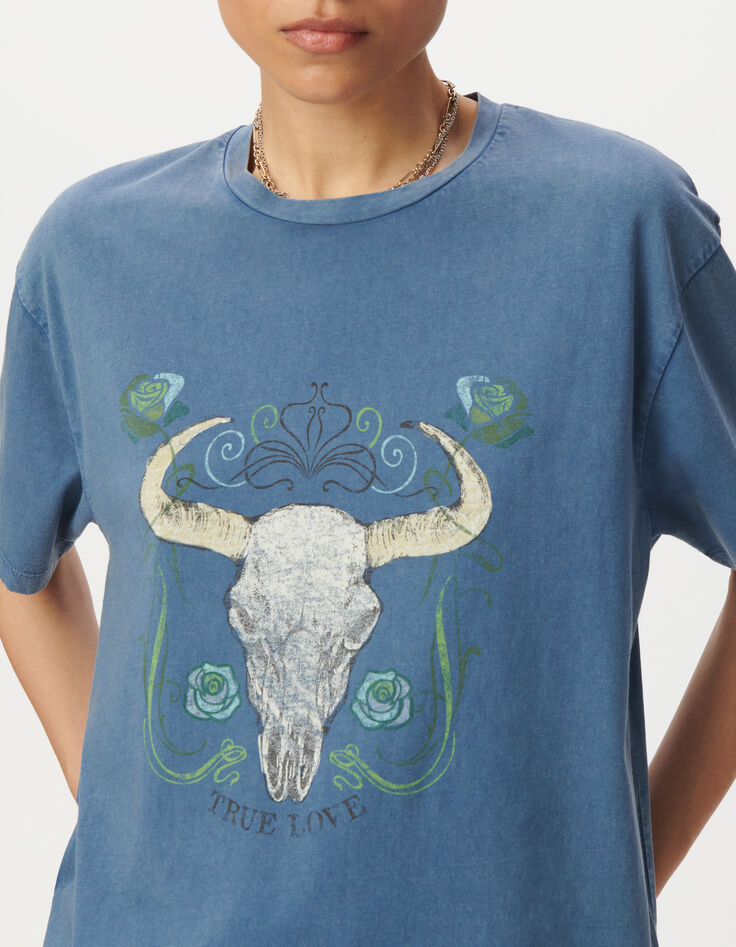 Tee-shirt manches courtes bleu grisé visuel buffle Femme-4