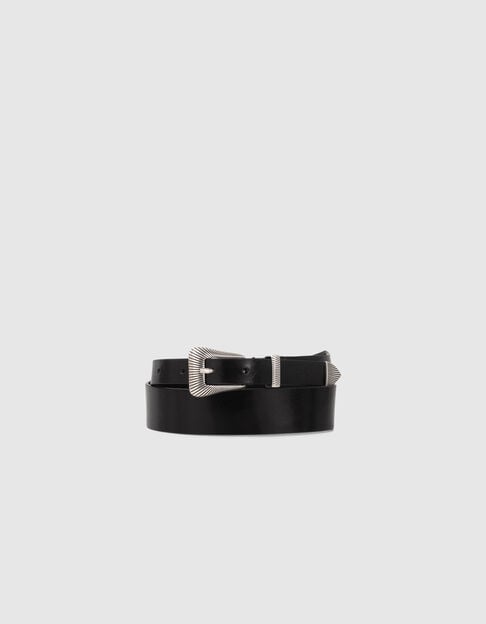 Women’s black leather asymmetric belt with metal tip