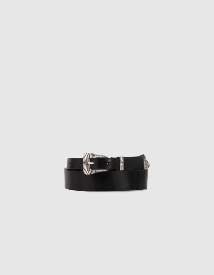 Cinturón negro cuero asimétrico punta metálica mujer-1 Cinturón negro cuero asimétrico punta metálica mujer-1