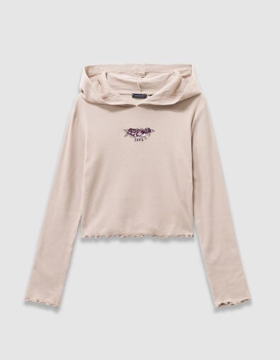 Beige T-shirt met kap geribd rozenborduursel meisjes - IKKS