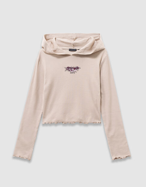 Beige T-shirt met kap geribd rozenborduursel meisjes - IKKS